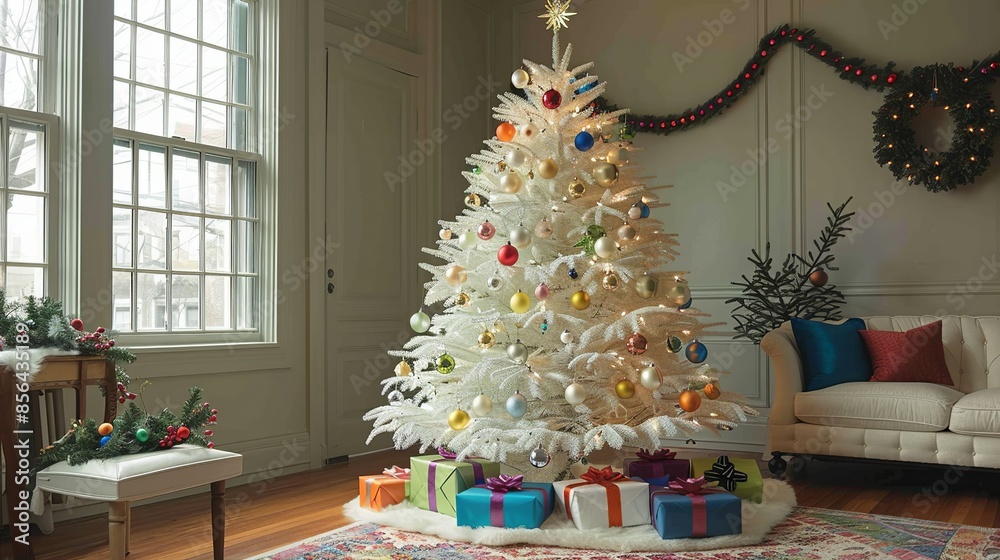 An elegant living room featuring a white Christmas tree adorned with rainbow-colored ornaments and garlands, with presents wrapped in multicolored paper underneath. Illustration, Minimalism, An elegant living room featuring a white Christmas tree adorned with rainbow-colored ornaments and garlands, with presents wrapped in multicolored paper underneath. Illustration, Minimalism,