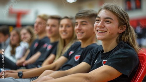 A group of young people are sitting in a row, smiling and looking at the camera. They are wearing black shirts with red and white designs. Scene is cheerful and friendly © evgenia_lo