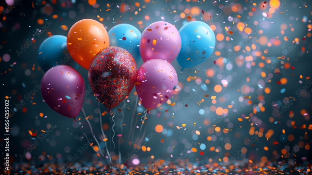 A festive image with multi-colored balloons and confetti falling against a dark blue background. A festive image with multi-colored balloons and confetti falling against a dark blue background.
