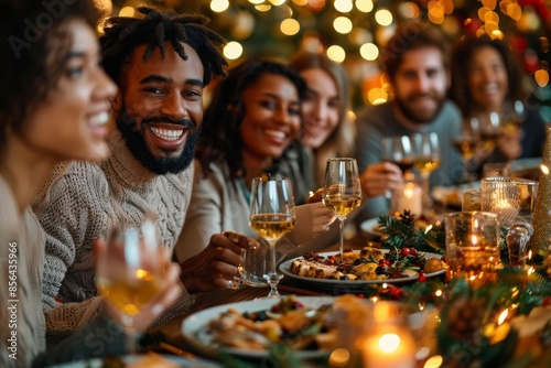 A group of friends celebrating Christmas with drinks and dinner at a festive restaurant table