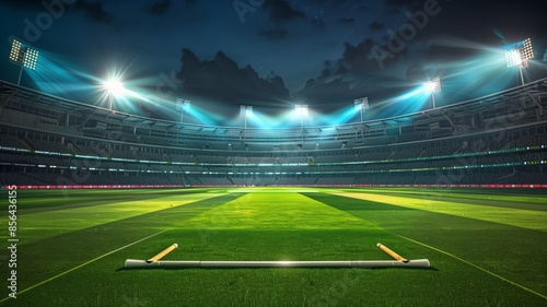 A modern sports stadium at night with a well-lit cricket field