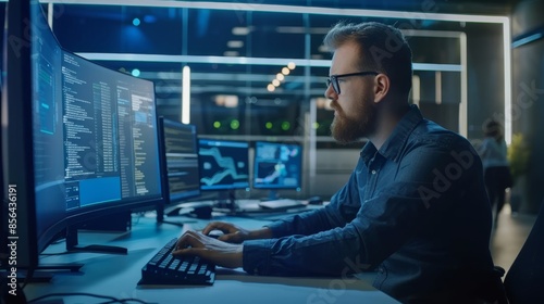 Man working on software programs on a computer in a modern office
