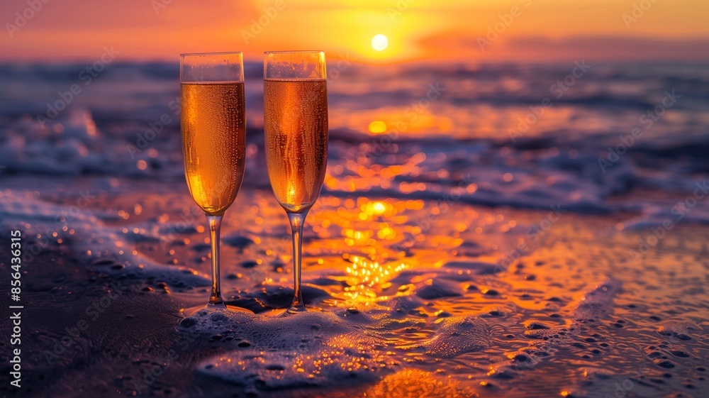 Two glasses of champagne on the beach at sunset Two glasses of champagne on the beach at sunset
