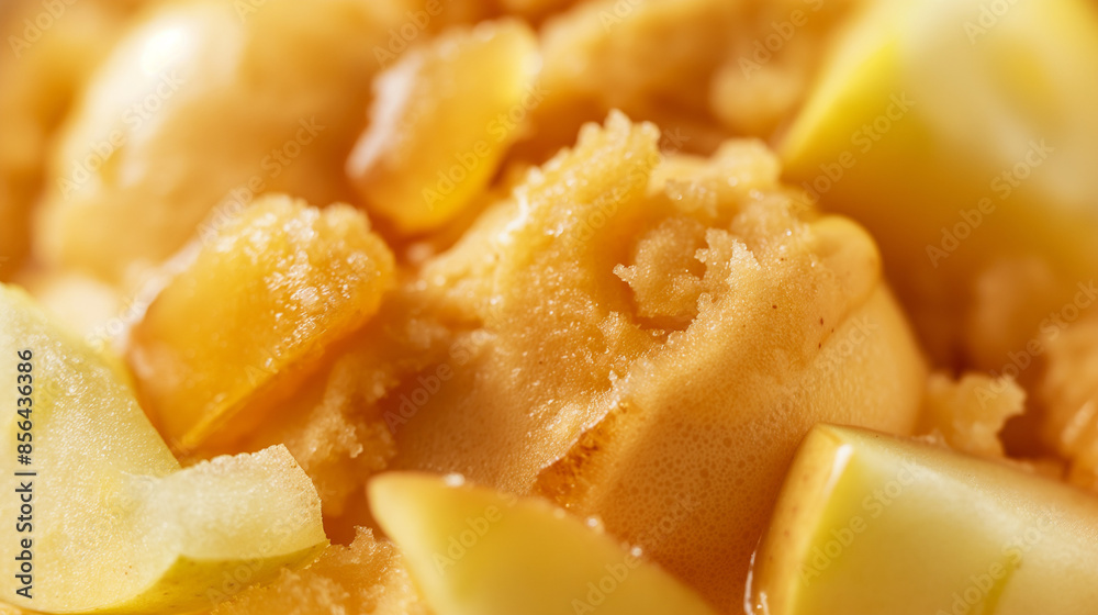 Chic salted caramel and apple sorbet, a closeup of chic salted caramel and apple sorbet, its golden color with chunks of apple against a white backdrop Chic salted caramel and apple sorbet, a closeup of chic salted caramel and apple sorbet, its golden color with chunks of apple against a white backdrop