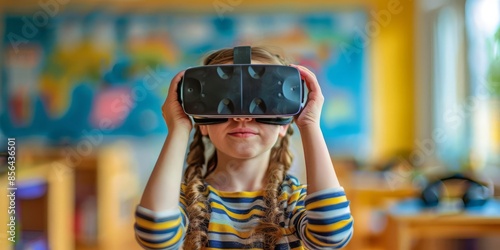 Long Shots , Happy school little girl exploring virtual reality in class room