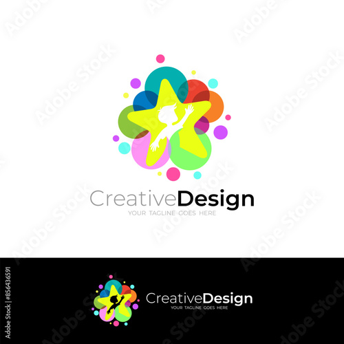 Children logo, happy little boy icon and colorful bubbles