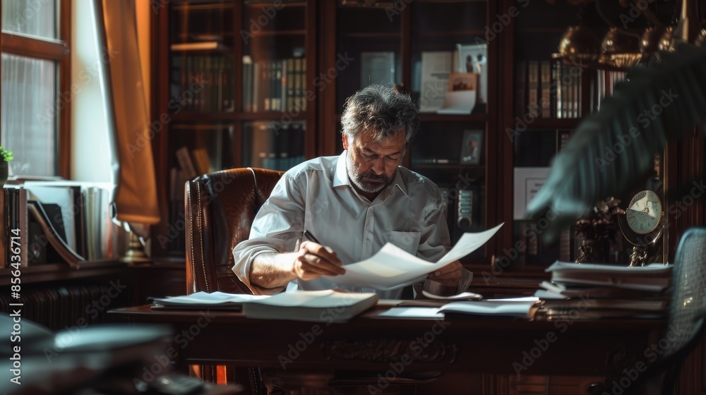 Man sitting and reading documents in his private office Man sitting and reading documents in his private office