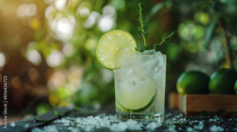 A sharp and refreshing lime and thyme cocktail, served in a glass with crushed ice, garnished with a lime wheel and a sprig of thyme A sharp and refreshing lime and thyme cocktail, served in a glass with crushed ice, garnished with a lime wheel and a sprig of thyme