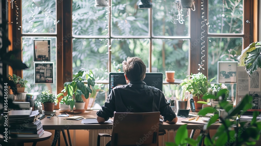 Young man working at his desk in a room with large windows Young man working at his desk in a room with large windows