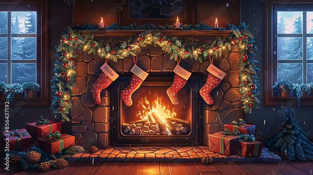 A cozy holiday scene with a paper garland draped across a mantel, stockings made from paper hanging below, and a warm fire burning in the fireplace. Illustration, Minimalism, A cozy holiday scene with a paper garland draped across a mantel, stockings made from paper hanging below, and a warm fire burning in the fireplace. Illustration, Minimalism,