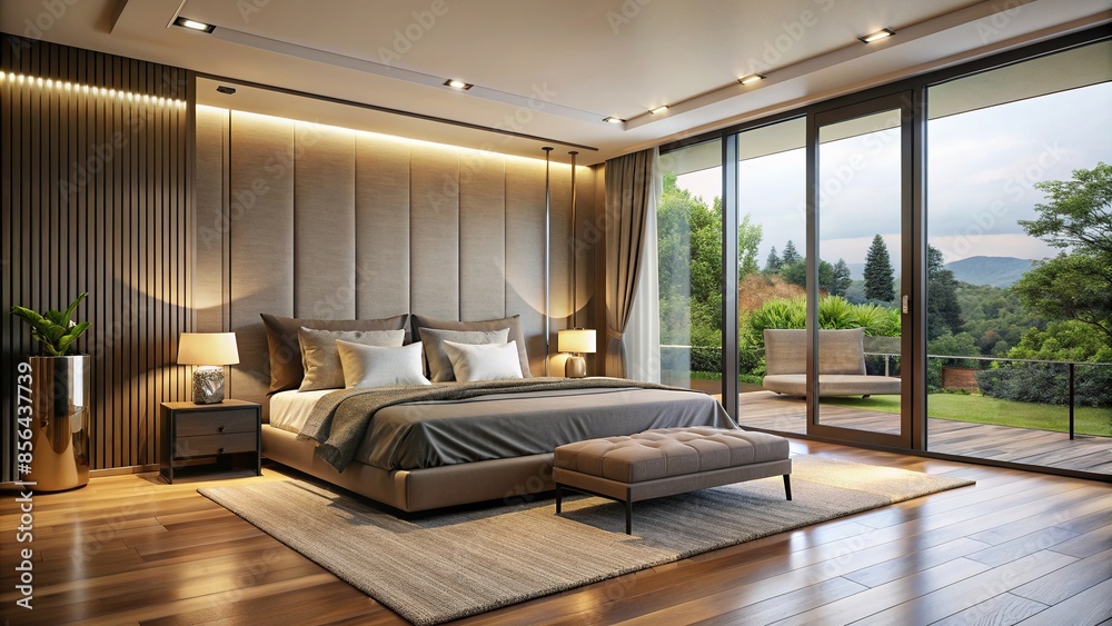 Luxurious bedroom with a sliding glass door , luxury, bedroom, sliding glass door, elegant ...