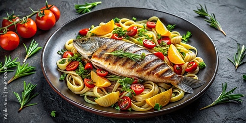 Pasta with grilled fish, herbs, and vegetables on a dark granite table BBQ dish , pasta, grilled, fish, herbs, vegetables photo