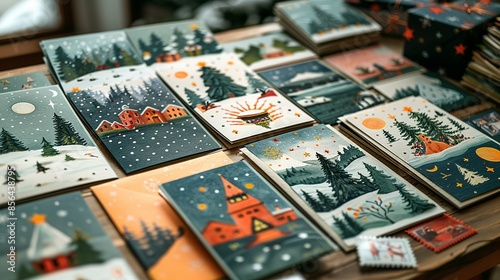 A series of holiday greeting cards made from different types of paper, each featuring unique illustrations and messages, spread out on a table with envelopes and stamps. Illustration, Minimalism,