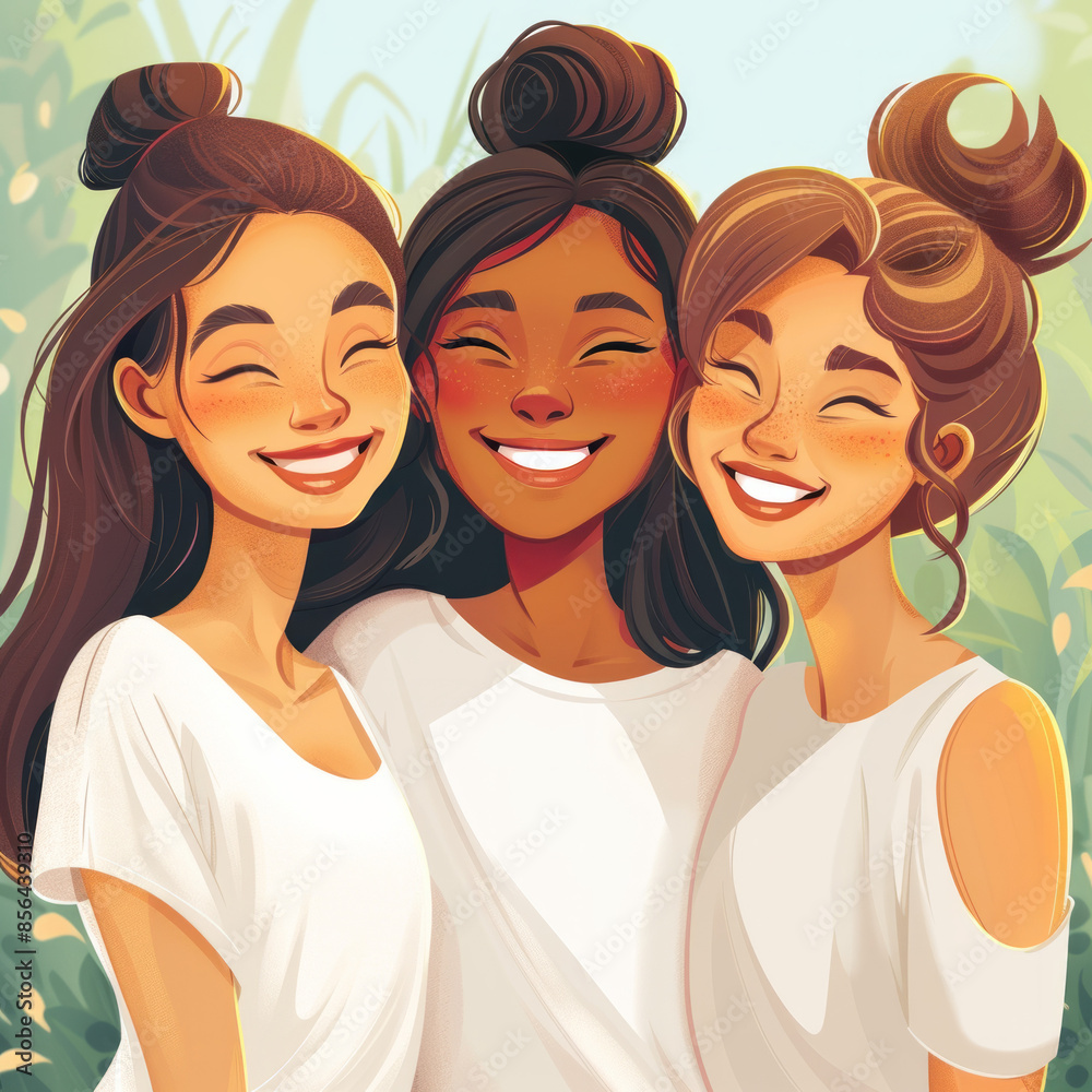 Happy group of three beautiful diverse multi-racial, multi-ethnic young women friends laughing and smiling together in stylish white t-shirts and casual clothing illustration on outdoor background Happy group of three beautiful diverse multi-racial, multi-ethnic young women friends laughing and smiling together in stylish white t-shirts and casual clothing illustration on outdoor background