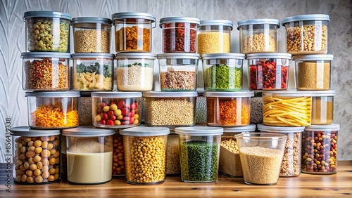 Food storage containers filled with various products, food, storage, containers, organization, pantry, kitchen, groceries