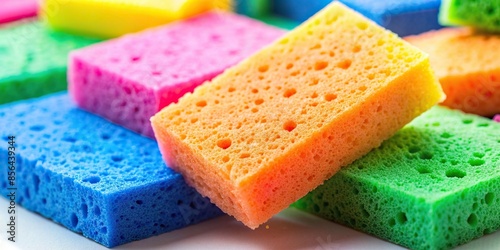 A close-up photo of cleaning sponges in vibrant colors, cleaning, sponges, household, supplies, scrub