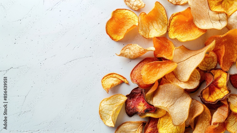 Dried fruit and veggie chips on white background ideal vegan snack with text space frame Dried fruit and veggie chips on white background ideal vegan snack with text space frame