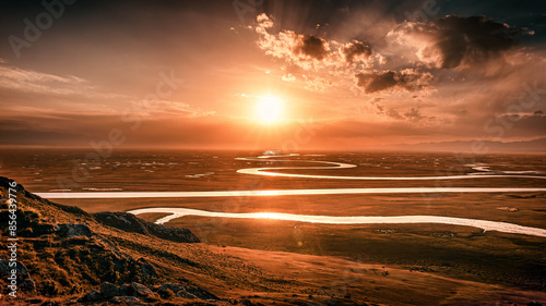 Photography Sunset view of Kaidu River winding and extending in Bayanbulak Grassland, Xinjia