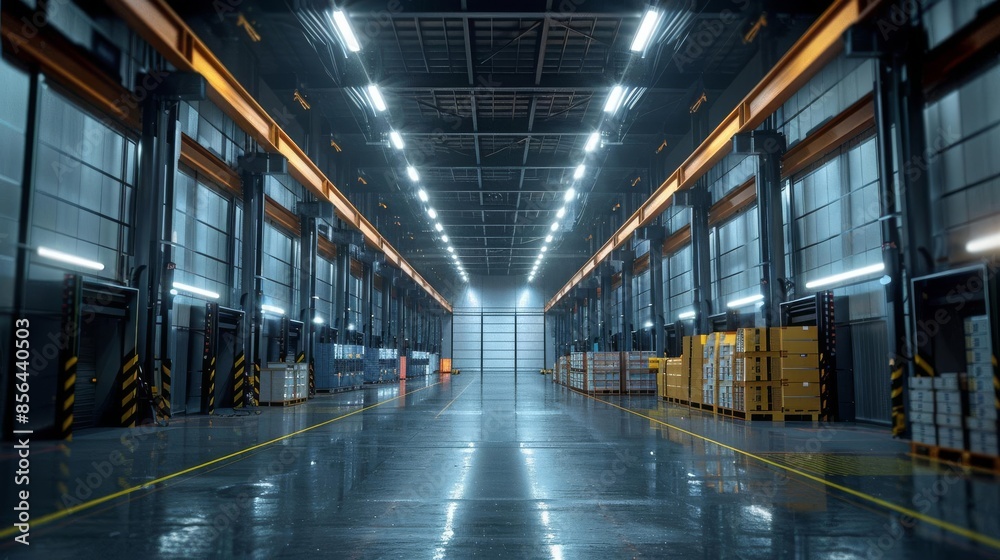 A large, modern warehouse with a shiny, reflective floor. The warehouse is lit by bright lights and has several loading docks. A large, modern warehouse with a shiny, reflective floor. The warehouse is lit by bright lights and has several loading docks.