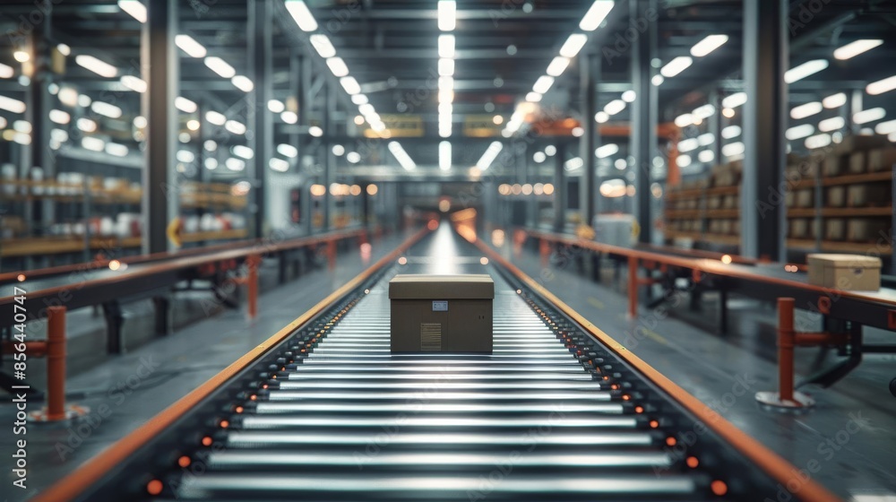 A box traveling down a conveyor belt in a modern automated warehouse. A box traveling down a conveyor belt in a modern automated warehouse.