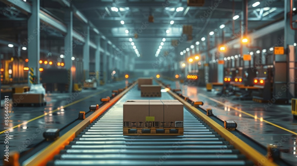 A box moves along a conveyor belt in a modern factory. A box moves along a conveyor belt in a modern factory.