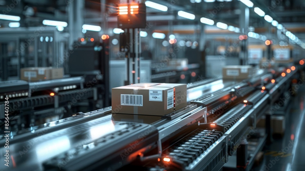 A box travels along a conveyor belt in a modern distribution center. A box travels along a conveyor belt in a modern distribution center.