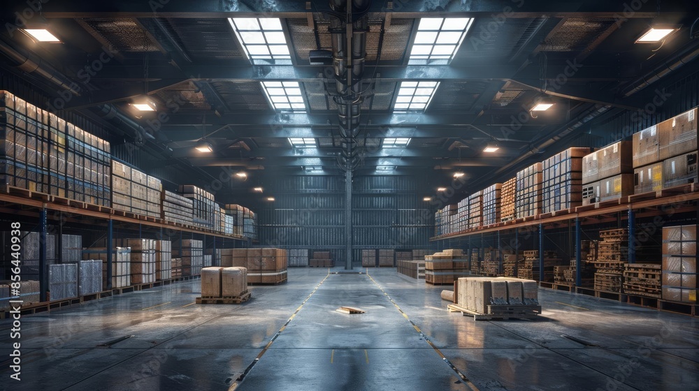 A large, modern warehouse with tall shelves stocked full of neatly organized boxes A large, modern warehouse with tall shelves stocked full of neatly organized boxes