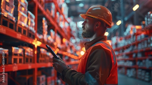 A worker in a hard hat and safety glasses uses a tablet to check inventory in a warehouse. photo