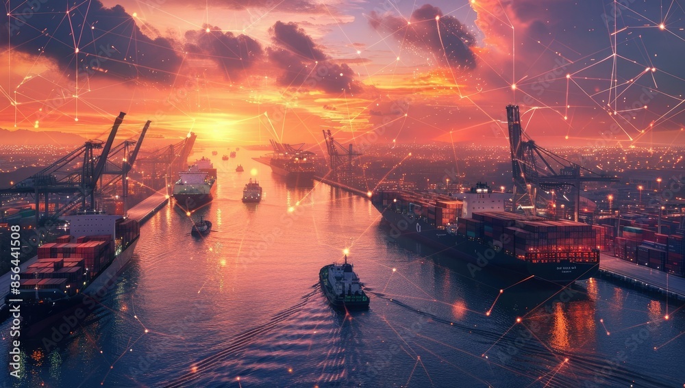 Sunset Over a Busy Container Port with Interconnected Network Sunset Over a Busy Container Port with Interconnected Network