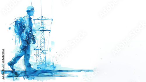 Blue watercolor paint of an engineer work on high voltage electricity network