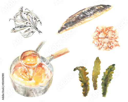 水彩で描いた色々な出汁のイラストセット