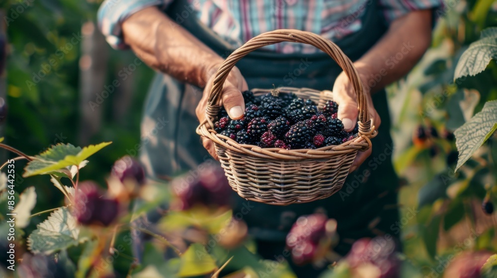 peasant on a farm with a basket picking blackberries peasant on a farm with a basket picking blackberries