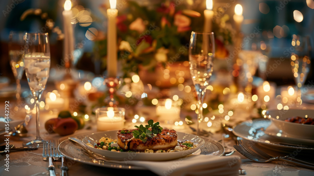 Elegant dinner table setting with candles, gourmet meal, and sparkling wine glasses, creating a warm and romantic atmosphere. Elegant dinner table setting with candles, gourmet meal, and sparkling wine glasses, creating a warm and romantic atmosphere.
