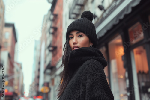 Stylish Young Asian Woman in Black Winter Clothes Walking on Urban Street