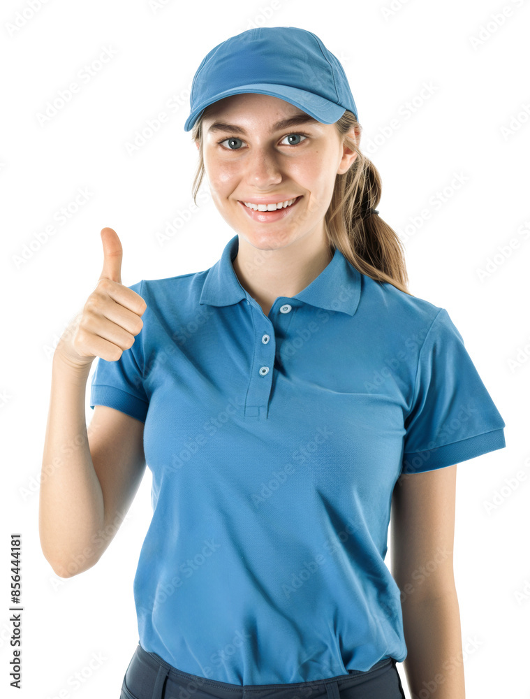 A young Caucasian woman wearing a blue polo shirt and cap, giving a thumbs up, isolated on a transparent background. A young Caucasian woman wearing a blue polo shirt and cap, giving a thumbs up, isolated on a transparent background.