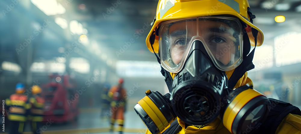 Closeup of a firefighter wearing a respirator mask in a smoky environment. Closeup of a firefighter wearing a respirator mask in a smoky environment.