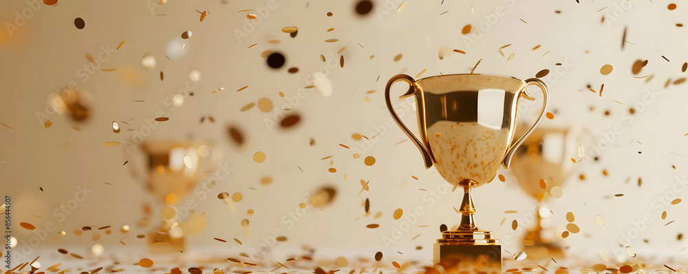 Golden trophy with confetti falling down. Golden trophy with confetti falling down.