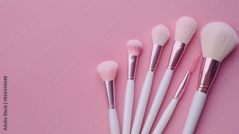 Makeup brush set on pink background from above Makeup brush set on pink background from above