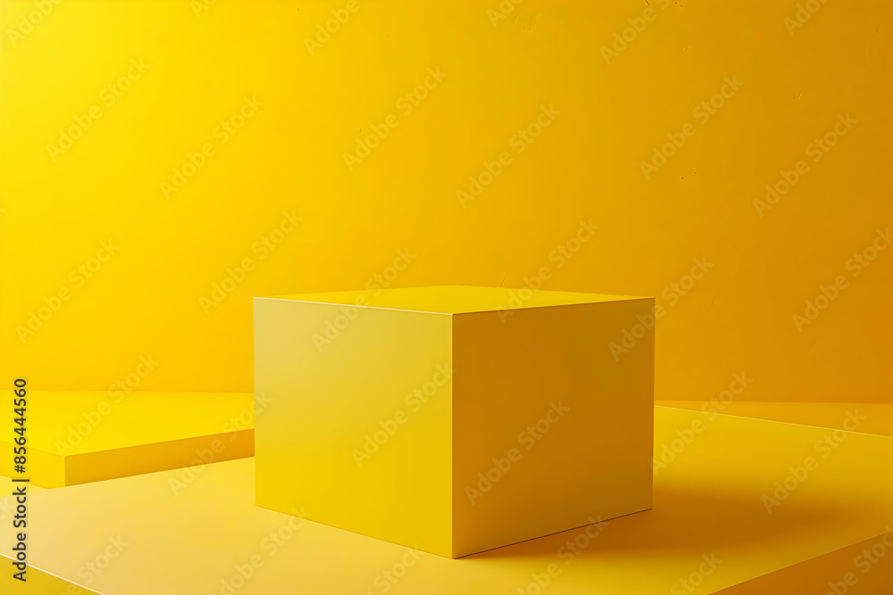 Minimalist yellow platform with a cube in front of a yellow background. Perfect for product displays or presentations. Minimalist yellow platform with a cube in front of a yellow background. Perfect for product displays or presentations.
