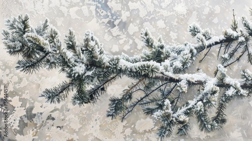 Cypress branch covered in thawing snow