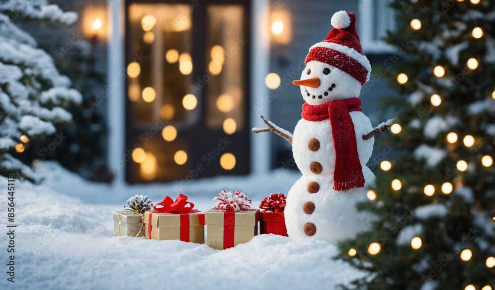 a built snowman in the snow in the garden in front of the balcony glass window on the terrace, four Christmas presents a built snowman in the snow in the garden in front of the balcony glass window on the terrace, four Christmas presents