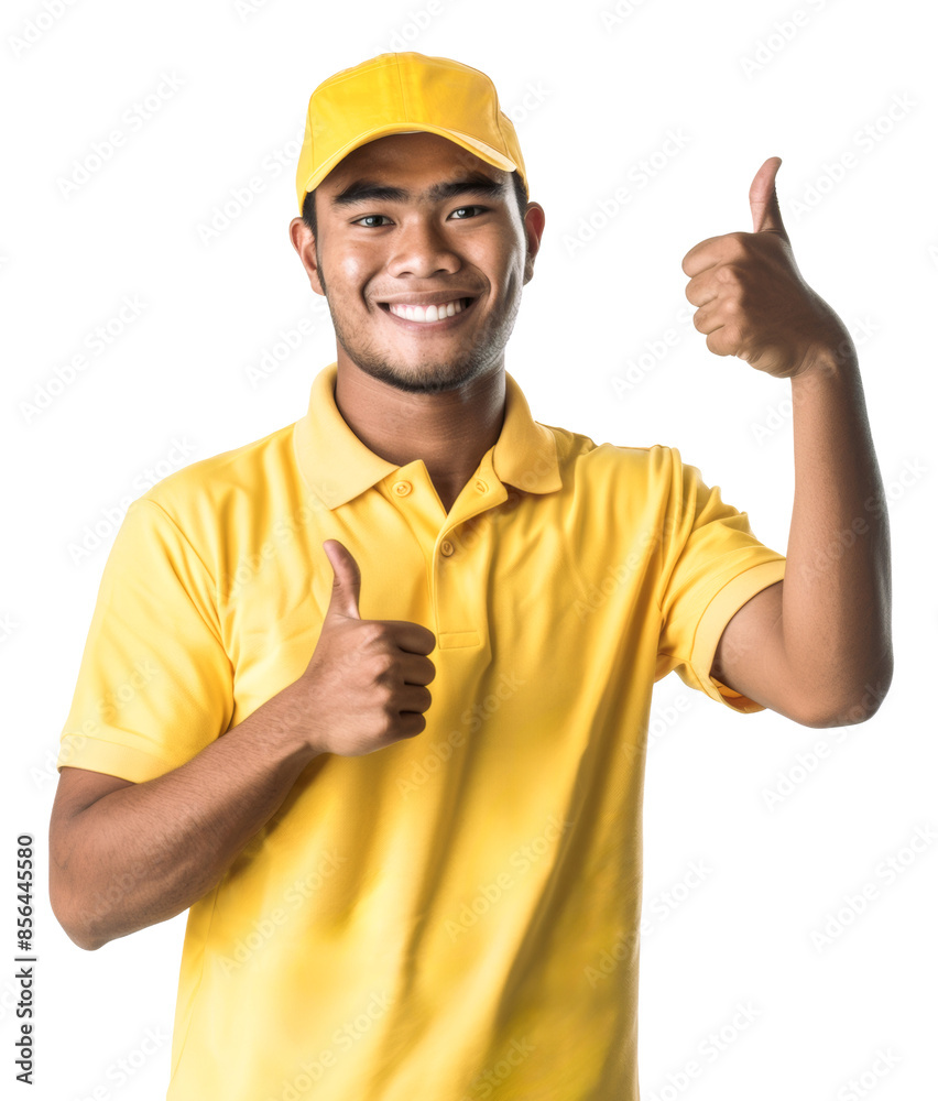 Cheerful young Asian man in a yellow cap and polo shirt, giving double thumbs up, isolated on a transparent background. Cheerful young Asian man in a yellow cap and polo shirt, giving double thumbs up, isolated on a transparent background.