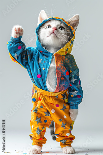 Full body front view of a cute standing little cat with glitter dance clothes with stars on it, doing a dance move. The cat has a painted face with a orange and blue flash in Ziggy stardust style. photo