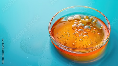 Orange substance drop in petri dish on blue background for cosmetic medical and lab research