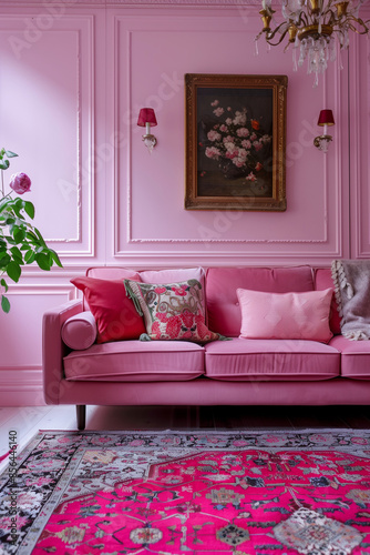 English French Style Sofa in Living Room Interior Design with Pink Turkish Carpet. Flowers, Floor Lamp and Paintings