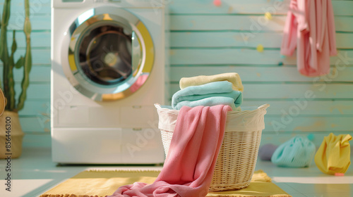 Laundry Design Interior with Pastel Colors. Washing clothes in the washing machine