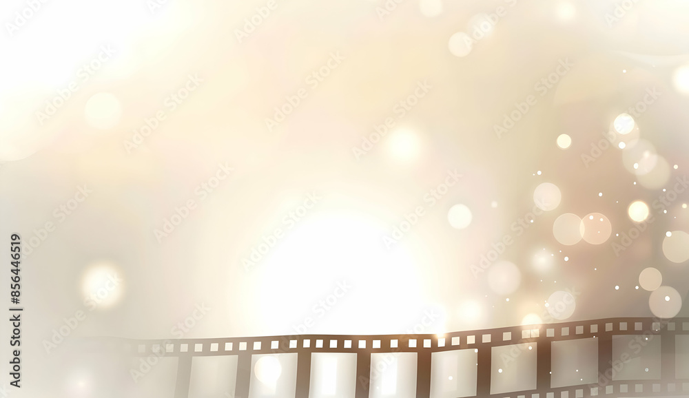 Fototapeta premium A film strip sits against a background of soft, golden bokeh lights. The image suggests nostalgia, memories, and the magic of cinema.