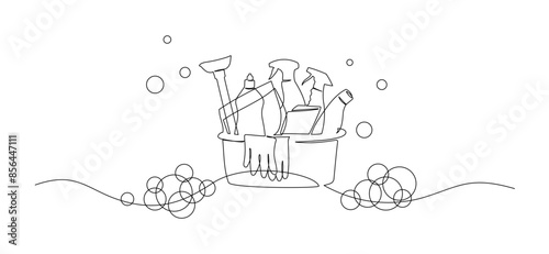 Bucket with cleaning supplies in one continuous line drawing. Cleanup and washing concept in simple linear style. Household and housekeeping symbol in editable stroke. Contour vector illustration