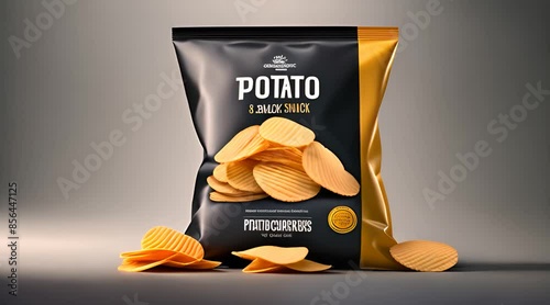 potatoes chips package template. potato crisps packing in realistic style vector illustration, hot potatos chip snacking packaging bag, snacks packet