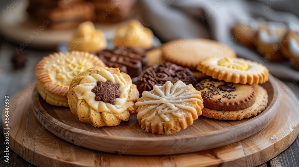 Variety of decorated fancy cookies arranged on a wooden platter, featuring different shapes and toppings for a special treat. Variety of decorated fancy cookies arranged on a wooden platter, featuring different shapes and toppings for a special treat.